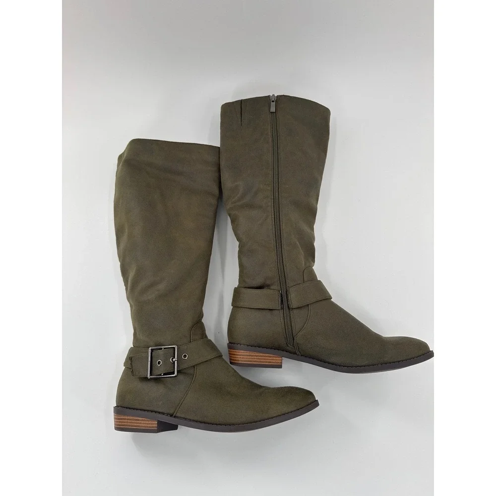 Journee Women's Olive Green Knee High Boots Buckle Side‎ Zip Faux Suede Size 7.5